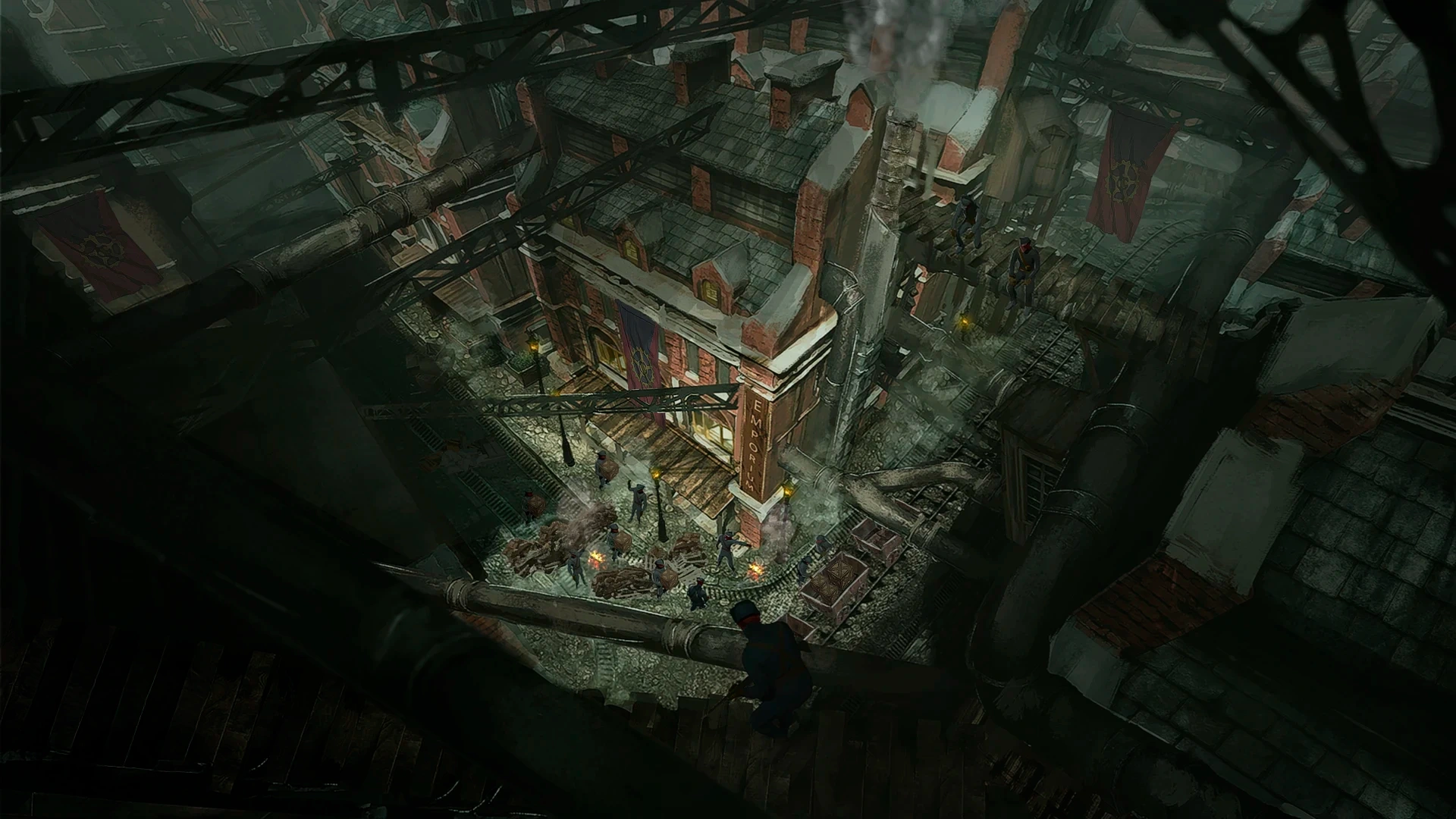 The streets of Lundonstoch beneath industrial walkways